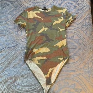 Camo bodysuit 62% polyester 33% rayon 5% spandex made in Vietnam short sleeve
